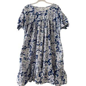 Vintage Simply Basic Blue & White Floral Cotton Midi Dress With Pockets L